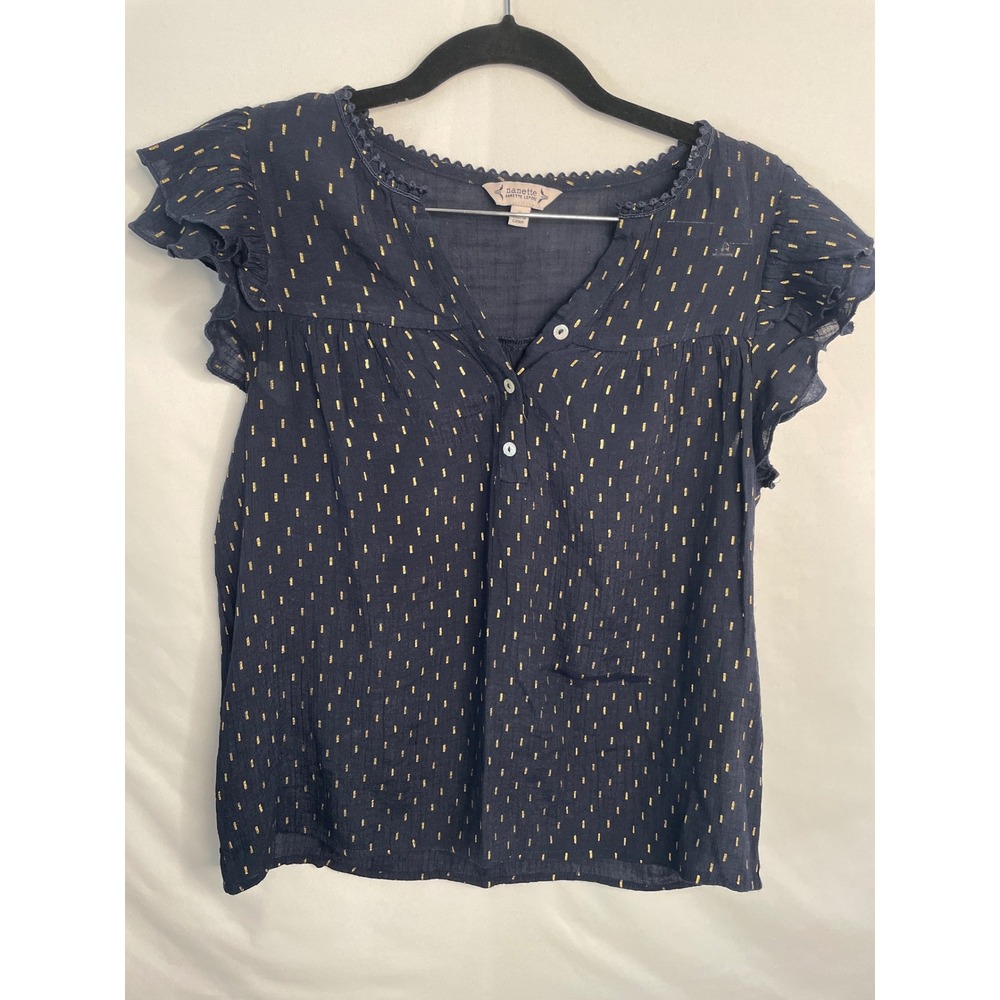 Nanette Lepore Navy Gold Metallic Dash Ruffle Sleeve V-Neck Blouse Small